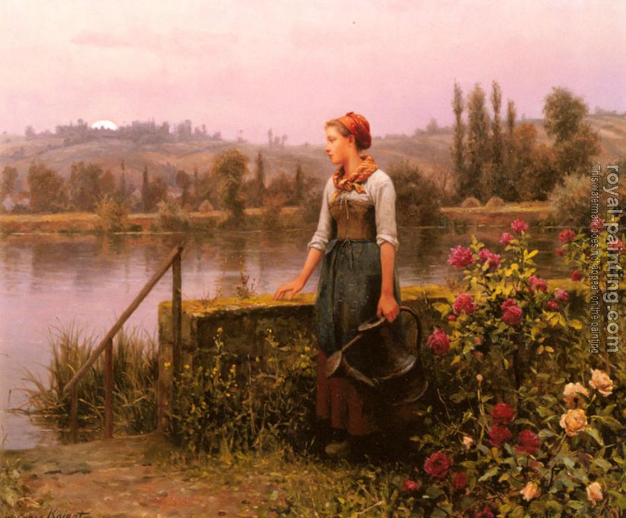 Daniel Ridgway Knight : A Woman With A Watering Can By The River